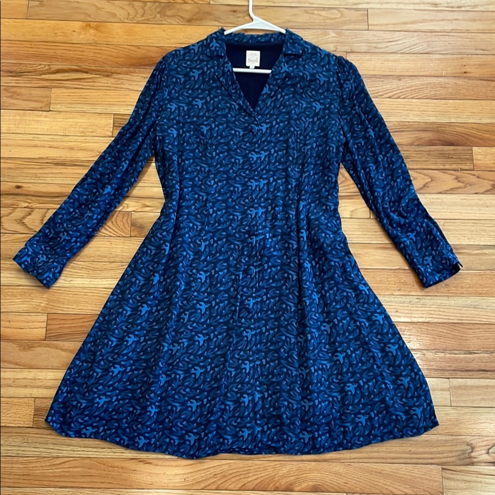 Blue Patterned Long-Sleeve Mini Dress